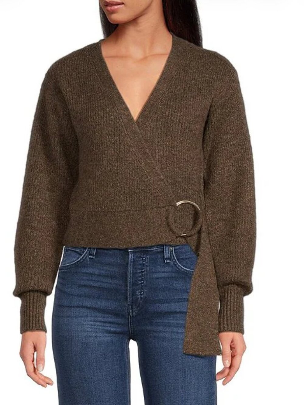 1. STATE Brown Knit V-Neck Long Sleeve Surplice Wrap Belt Sweater